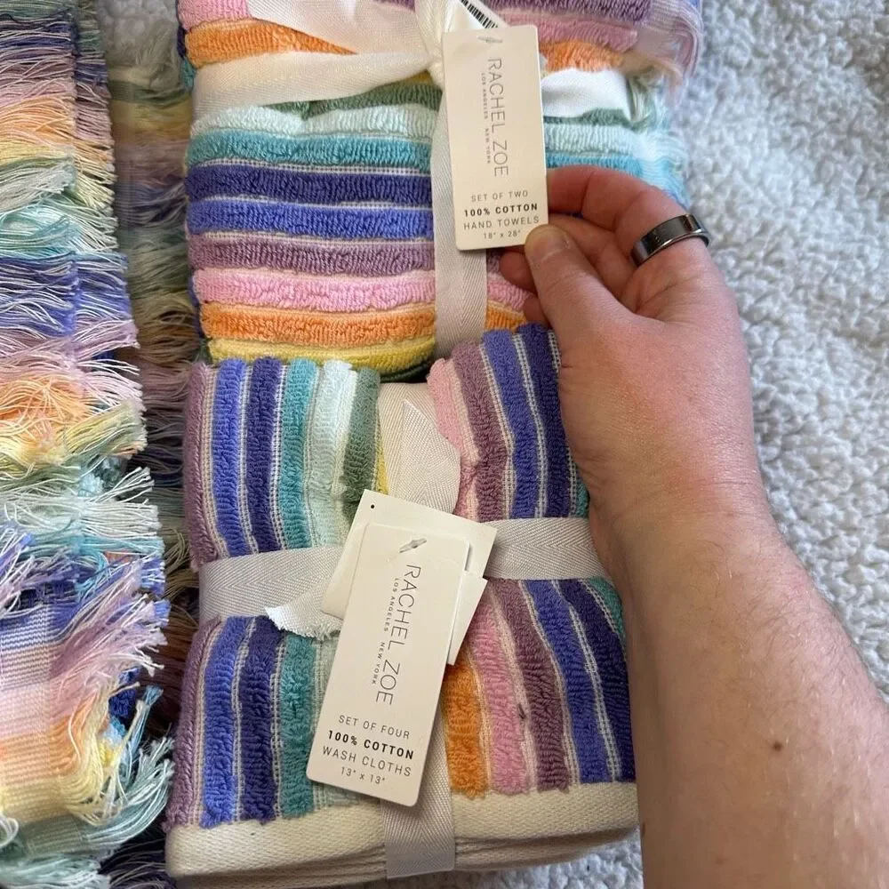 Rachel Zoe Bath Towel Set Rainbow Stripe Pattern Fringe NWT